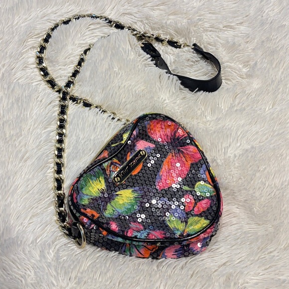 Betsey Johnson Handbags - BETSEY JOHNSON Butterfly Heart Shaped Sequin Shoulder Bag Long Strap Small Purse